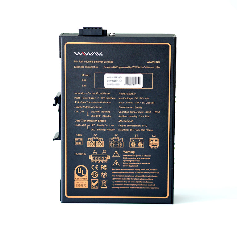 W1018-16FE2GF-I 10/100Mbps 16ポート産業用イーサネットスイッチ (UL認定、IP40、-40℃~85℃)