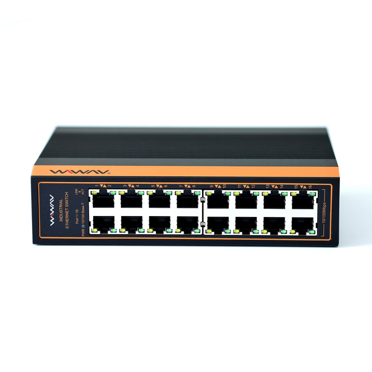 W1016-16FE-I 10/100Mbps Unmanaged 16-Port Industrial Ethernet Switches with DIN Rail/Wall-Mount (UL Listed, IP40, -40 to 85°C)