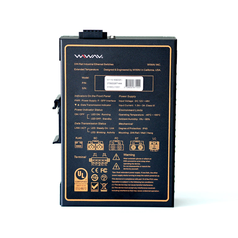 W1118-16GE2GF-I 10/100/1000Mbps 18ポートギガビット産業用イーサネットスイッチ (UL認定、IP40、-40~85℃)