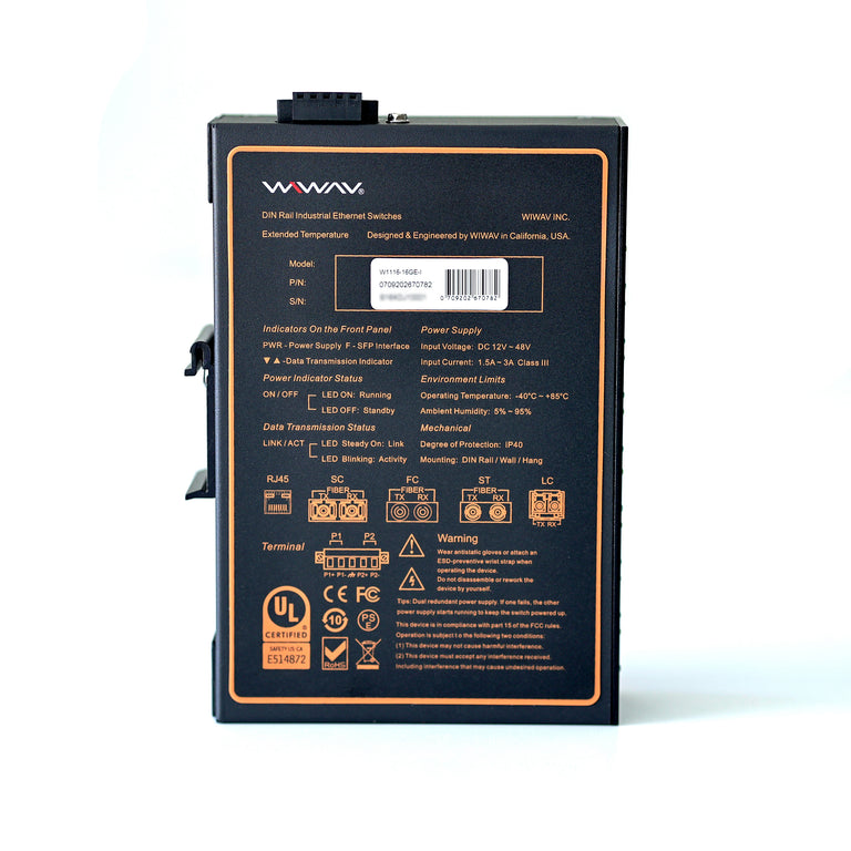 W1116-16GE-I 10/100/1000Mbps 16ポートギガビット産業用イーサネットスイッチ (UL認定、IP40、-40℃～85℃)