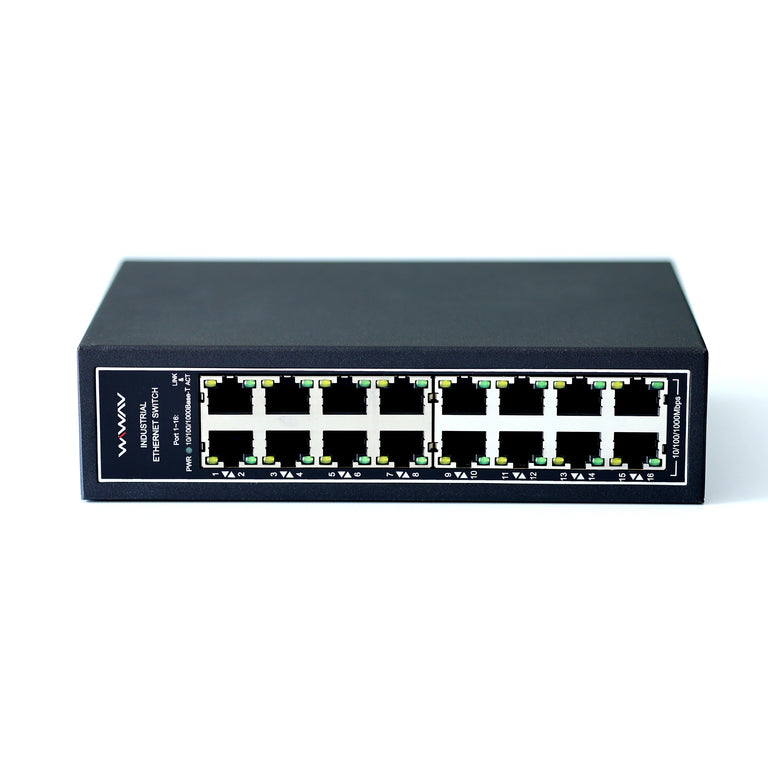 WDH-16GT-DC 10/100/1000Mbps Unmanaged 16-Port Gigabit Industrial Ethernet Switches with DIN Rail/Wall-Mount (UL Listed, Fanless, -30°C~75°C)