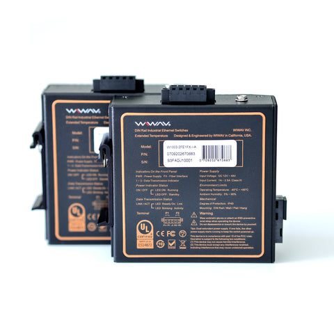 W1003-2FE1FX-I 10/100Mbps 3-Port Industrial Ethernet Media Converter (UL Listed, Pack of 2, IP40, -40~85℃)