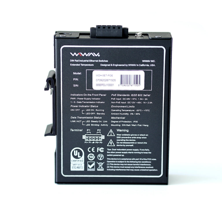 WDH-5ET-POE Conmutadores Ethernet industriales PoE de 5 puertos a 10/100 Mbps (Certificación UL, sin ventilador, -30~75°C)