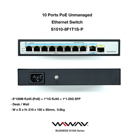 WIWAV S1510-8F1T1S-P - Switch Ethernet PoE Non Gestito a 10 Porte 10/100M (Alimentazione Integrata da 120W, Struttura in Metallo, Plug & Play)【Più il 30% di sconto】