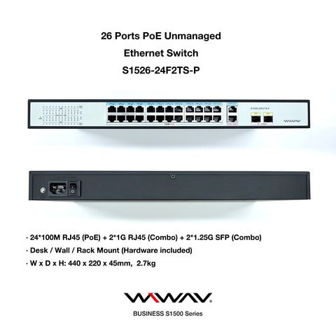 WIWAV S1526-24F2TS-P - Switch Ethernet PoE Non Gestito a 26 Porte 10/100M (Alimentazione Integrata da 260W, Struttura in Metallo, Plug & Play)