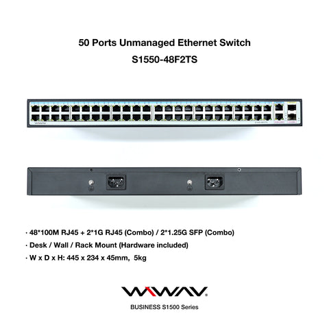 WIWAV S1550-48F2TS Switch Ethernet Non Gestito a 50 Porte 10/100M (Struttura in Metallo, Plug&Play, Senza Ventola)