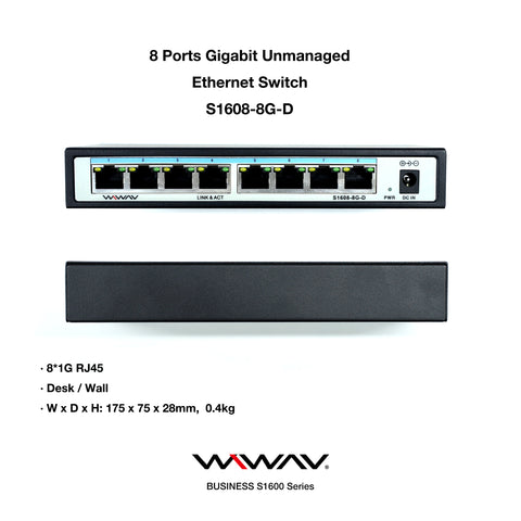 WIWAV S1608-8G-D Switch Ethernet Gigabit Non Gestito a 8 Porte (Struttura in Metallo, Plug&Play, Senza Ventola)【Più il 50% di sconto】