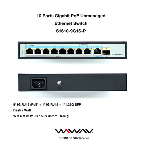 WIWAV S1610-9G1S-P Switch Ethernet PoE Gigabit a 10 Porte Non Gestito (Alimentazione Integrata da 120W, Struttura in Metallo, Plug&Play)【Più il 25% di sconto】