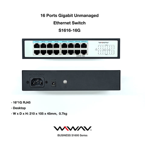 WIWAV S1616-16G Switch Ethernet Gigabit Non Gestito a 16 Porte (Struttura in Metallo, Plug&Play, Senza Ventola)【Più il 25% di sconto】