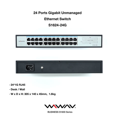 WIWAV S1624-24G Switch Ethernet Gigabit Non Gestito a 24 Porte (Struttura in Metallo, Plug&Play, Senza Ventola)