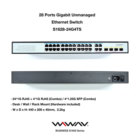 WIWAV S1628-24G4TS Switch Ethernet Gigabit Non Gestito a 28 Porte (Struttura in Metallo, Plug&Play, Senza Ventola)