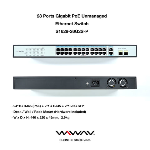 WIWAV S1628-26G2S-P Switch Ethernet PoE Gigabit Non Gestito a 28 Porte (Alimentatore Integrato da 400W, Metallo, Plug&Play)