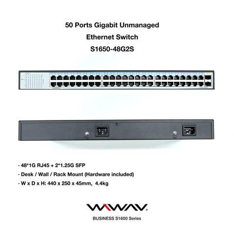 WIWAV S1650-48G2S Switch Ethernet Gigabit Non Gestito a 50 Porte (Struttura in Metallo, Plug&Play, Senza Ventola)